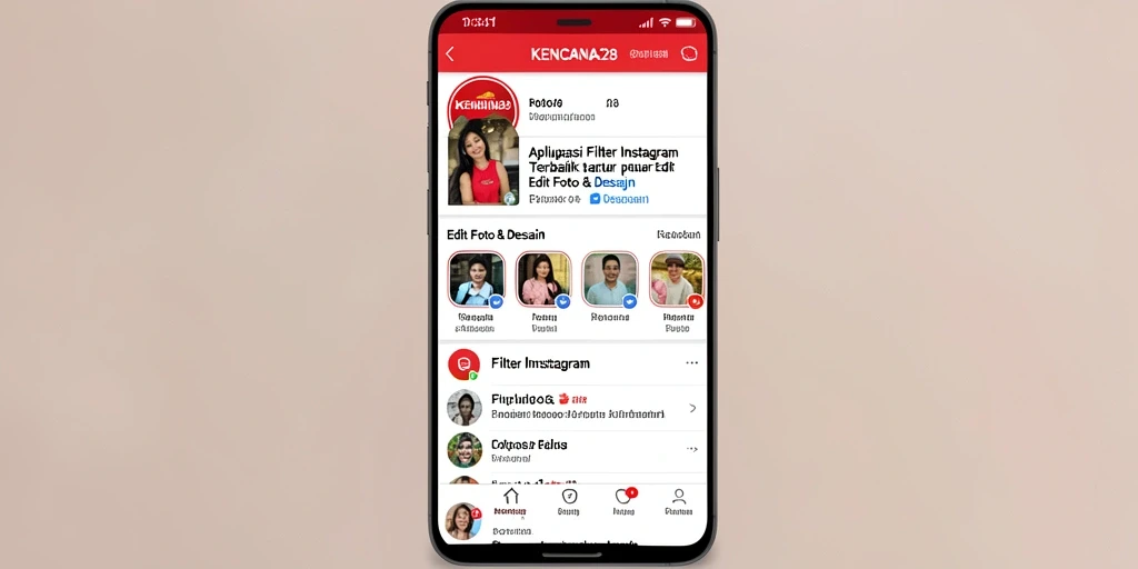 Antarmuka KENCANA28 menunjukkan berbagai filter Instagram yang menarik.