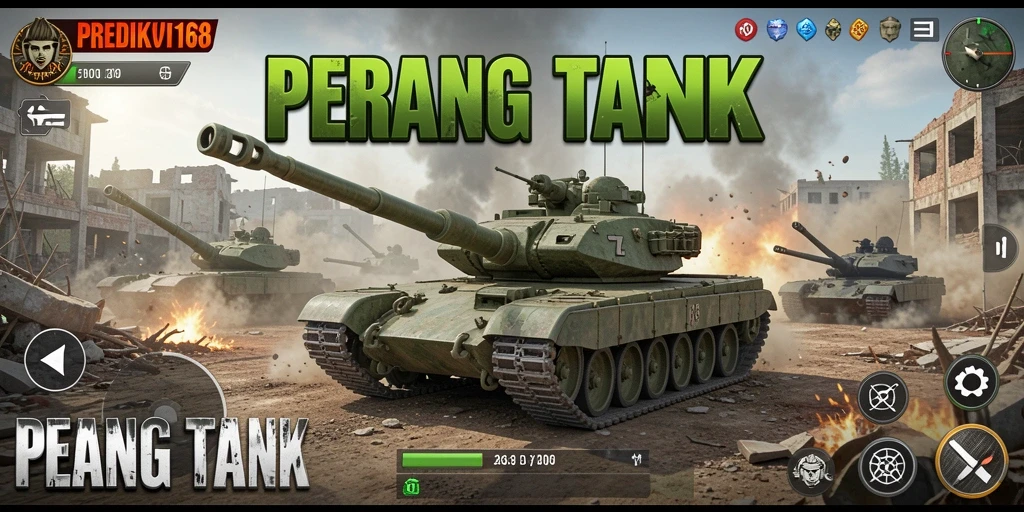 Antarmuka gameplay <strong>PREDIKSI168</strong> dengan berbagai pilihan tank dan peta pertempuran.
