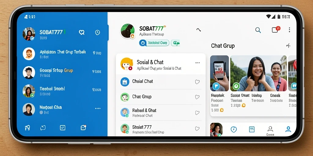 Antarmuka aplikasi SOBAT777 dengan fungsi Chat Grup yang menarik.